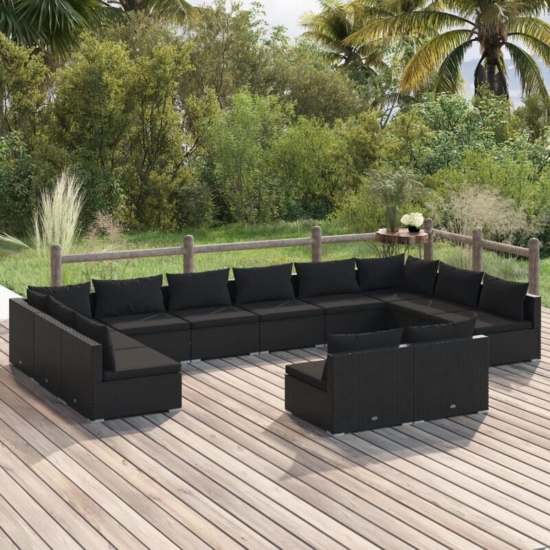 vidaXL 12 Piece Garden Lounge Set with Cushions Black Poly Rattan