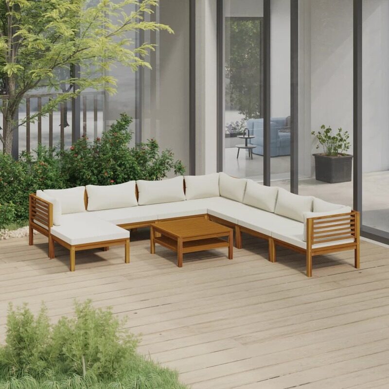 vidaXL 9 Piece Garden Lounge Set with Cream Cushion Solid Acacia Wood