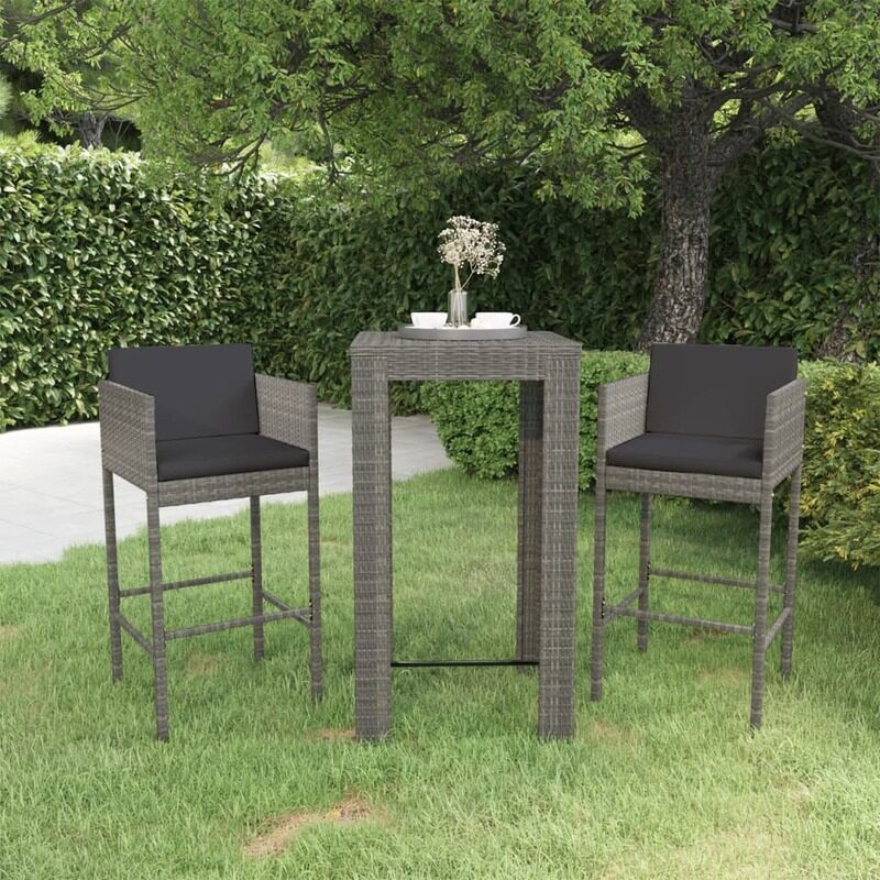 

vidaXL 3 Piece Garden Bar Set with Cushions Poly Rattan Grey