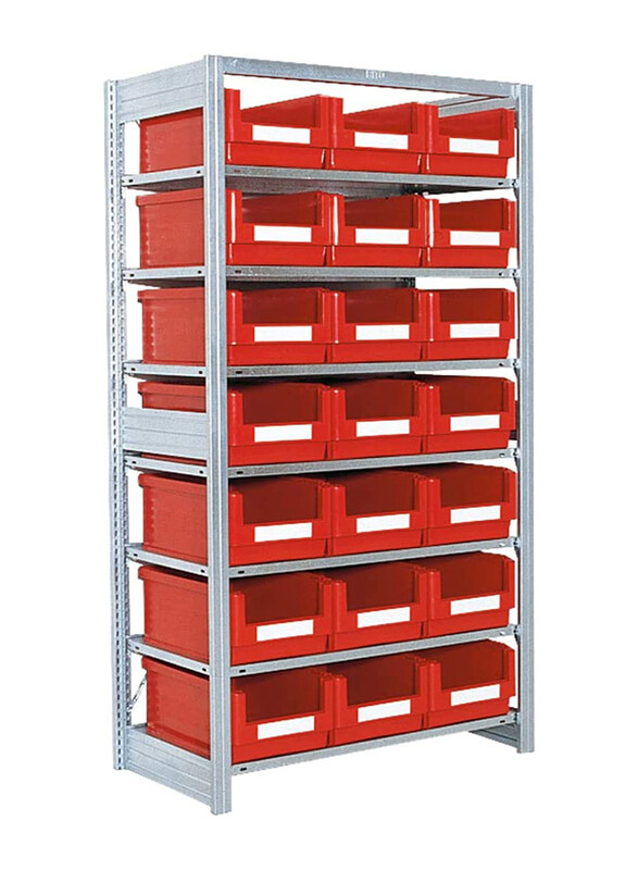 

Bito Boltless Shelving with Plastic Storage Bins, Silver/Red