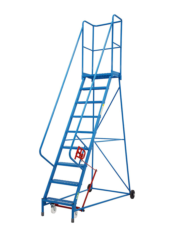 Bito Lever Braked Warehouse Safety Ladder Steps with 9 Meshed Treads, Blue