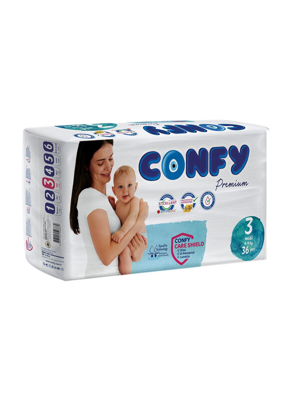 

Confy Premium Baby Diapers, Size 3, Midi, 4-9 Kg, 36 Count