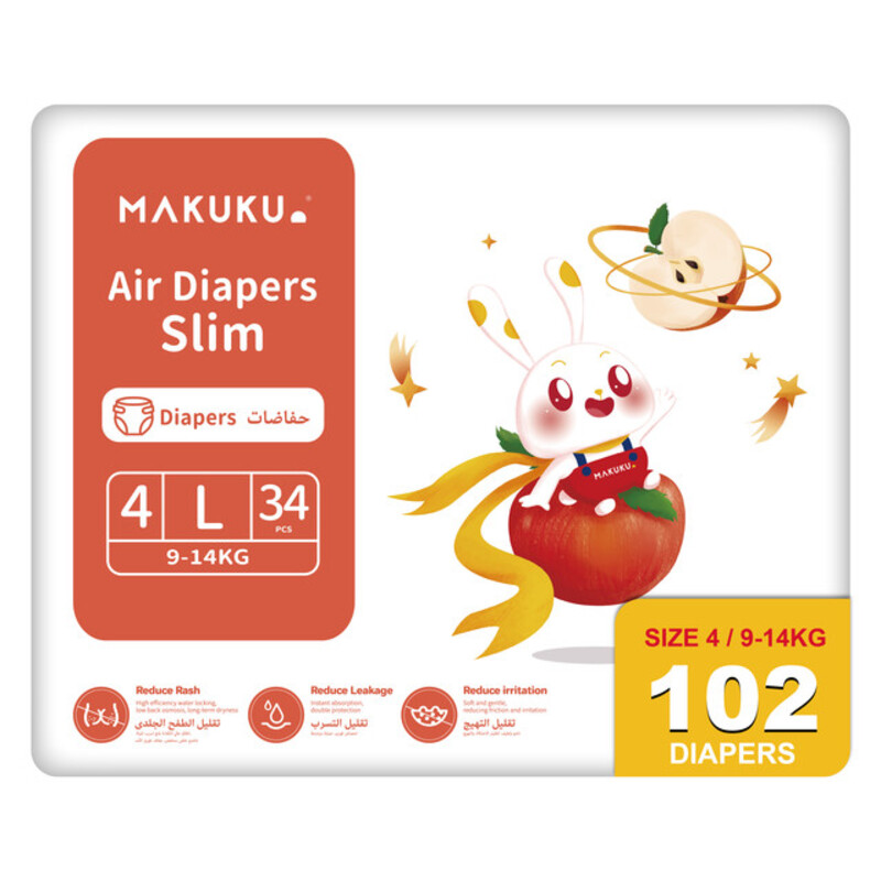 MAKUKU Air Diapers Slim Tape, Size 4, Large 9-14 kg, JIMBO PACK, 102 Count