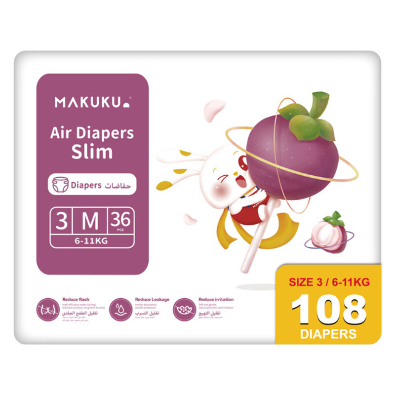 MAKUKU Air Diapers Slim Tape, Size 3, Medium 6-11 kg, JIMBO PACK, 108 Count