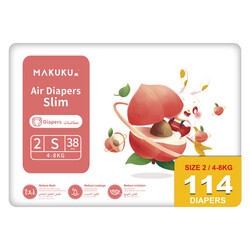 MAKUKU Air Diapers Slim Tape, Size 2, Small 4-8 kg, JIMBO PACK, 114 Count