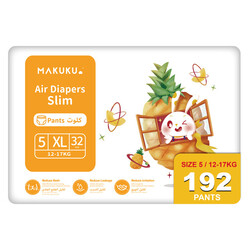 MAKUKU Air Diapers Slim Pants, Size 5, X-Large 12-17 kg, Mega Box, 192 Count