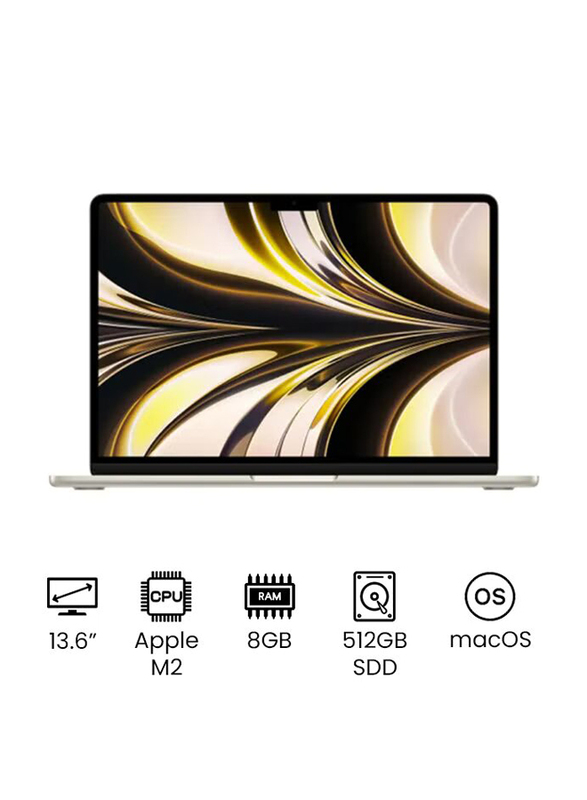 Apple MacBook Air Laptop, 13.6" Liquid Retina Display, Apple M2 Chip 8-Core CPU, 512GB SSD, 8GB RAM, Intel UHD 10-Core Graphics, EN/AR-KB, macOS, MLY23AB/A, Starlight, Middle East Version