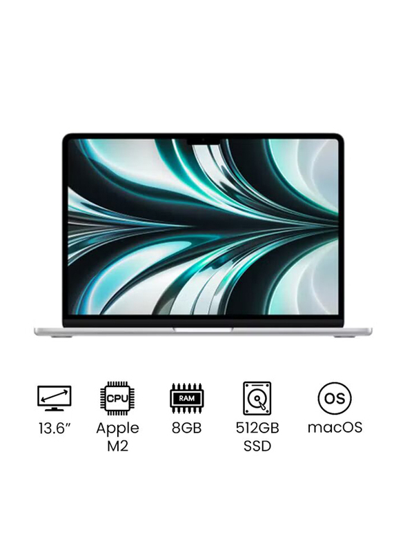 Apple MacBook Air Laptop, 13.6" Liquid Retina Display, Apple M2 Chip 8-Core CPU, 512GB SSD, 8GB RAM, Intel UHD 10-Core Graphics, EN/AR-KB, macOS, MLY03AB/A, Silver, Middle East Version