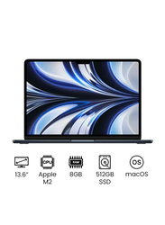 Apple MacBook Air Laptop, 13.6" Liquid Retina Display, Apple M2 Chip 8-Core CPU, 512GB SSD, 8GB RAM, Intel UHD 10-Core Graphics, EN/AR-KB, macOS, MLY43AB/A, Midnight, Middle East Version