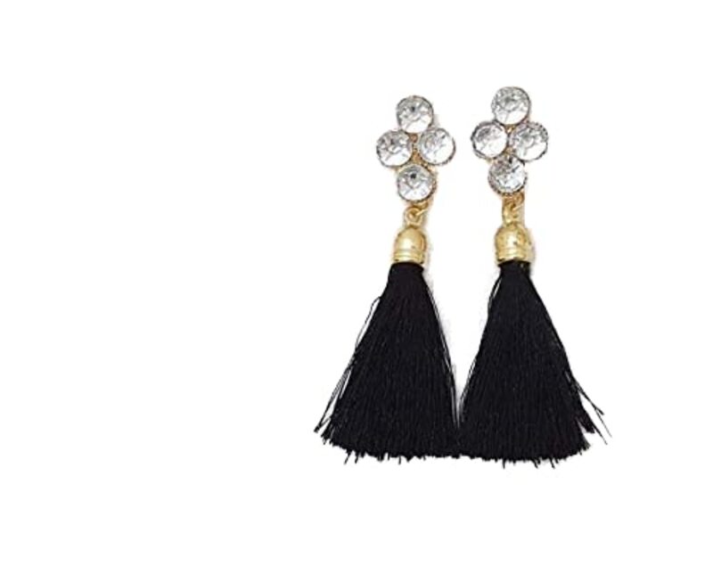 Bohemian Silk Fabric Long Drop Tassel Earrings for Women, Black