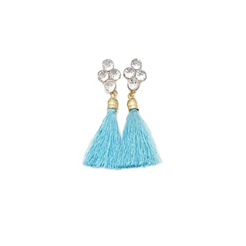 Bohemian Silk Fabric Long Drop Tassel Earrings for Women, Blue