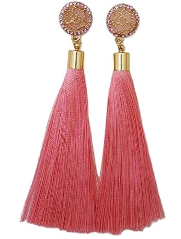Bohemian Silk Fabric Long Drop Tassel Earrings for Women, Pink