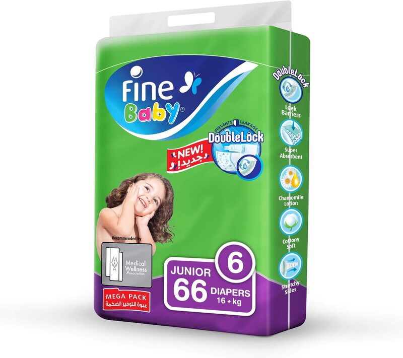 Fine Baby Double Lock Diapers, Size 6, Junior, 16+ Kg, 66 Count