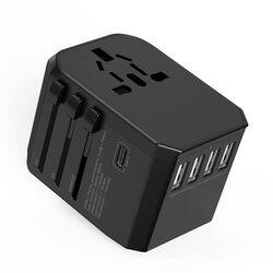 Wontravel Universal Travel Adapter with 4 Ultra-Fast USB Port and 1 Ultra-Fast USB Type C Port and Power Socket, Black