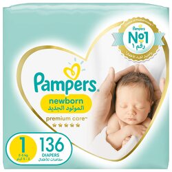 Pampers Premium Care Diapers, Size 1, 2-5 Kg, 136 Count