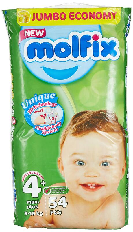 Molfix Anti Leakage Comfortable Baby Diapers, Size 4 Plus, 9-16 Kg, 54 Count