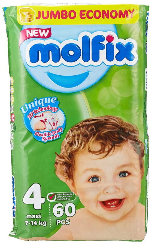 Molfix Anti Leakage Comfortable Baby Diapers, Size 4, 7-14 Kg, 60 Count