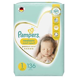 Pampers Premium Care Diapers, Size 1, 2-5 Kg, 136 Count