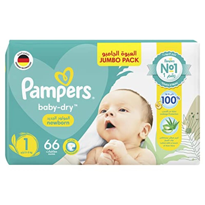 Pampers Baby Dry Diapers, New-born, Size 1, 2-5 Kg, 66 Count