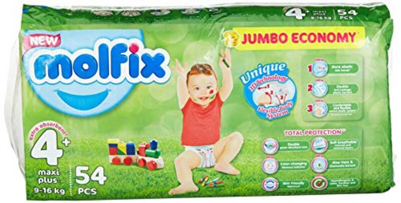 Molfix Anti Leakage Comfortable Baby Diapers, Size 4 Plus, 9-16 Kg, 54 Count