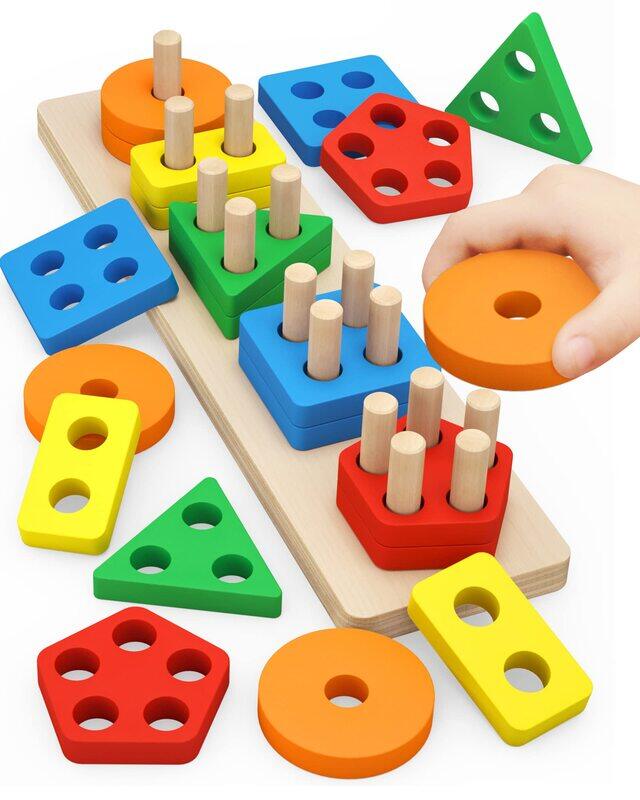 

Pebira Montessori Toddlers Wooden Sorting & Stacking Toys, 20 Pieces, Ages 1+