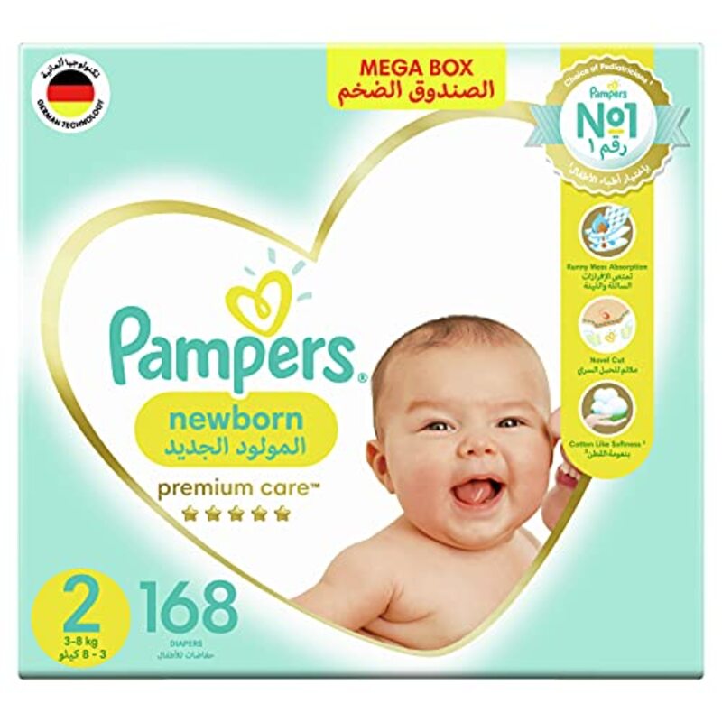 Pampers Premium Care Diapers, Size 2, 3-8 Kg, 168 Count