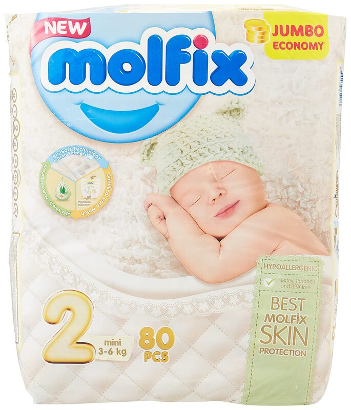 Molfix Anti Leakage Comfortable Baby Diapers, Size 2, 3-6 Kg, 80 Count