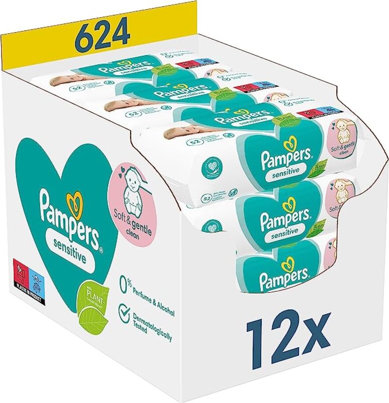 Pampers Sensitive Baby Feuchttucher, 624 Tucher (12 x 52) ohne Duft, fur eine sanfte und weiche Reinigung