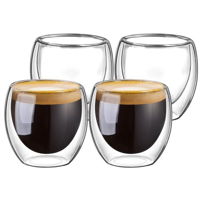 

DomoWin 80ml 4-Piece Double Walled Glass Espresso Coffee Cup, Clear