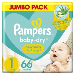 Pampers Baby Dry Diapers, New-born, Size 1, 2-5 Kg, 66 Count