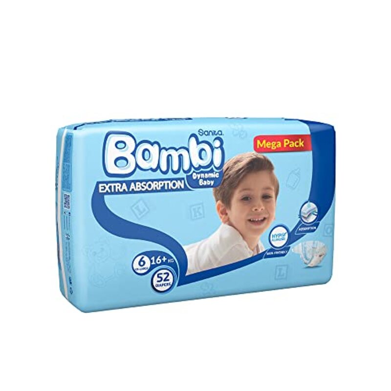 Sanita Bambi Baby Diapers, Size 6, 16+ Kg, 52 Count