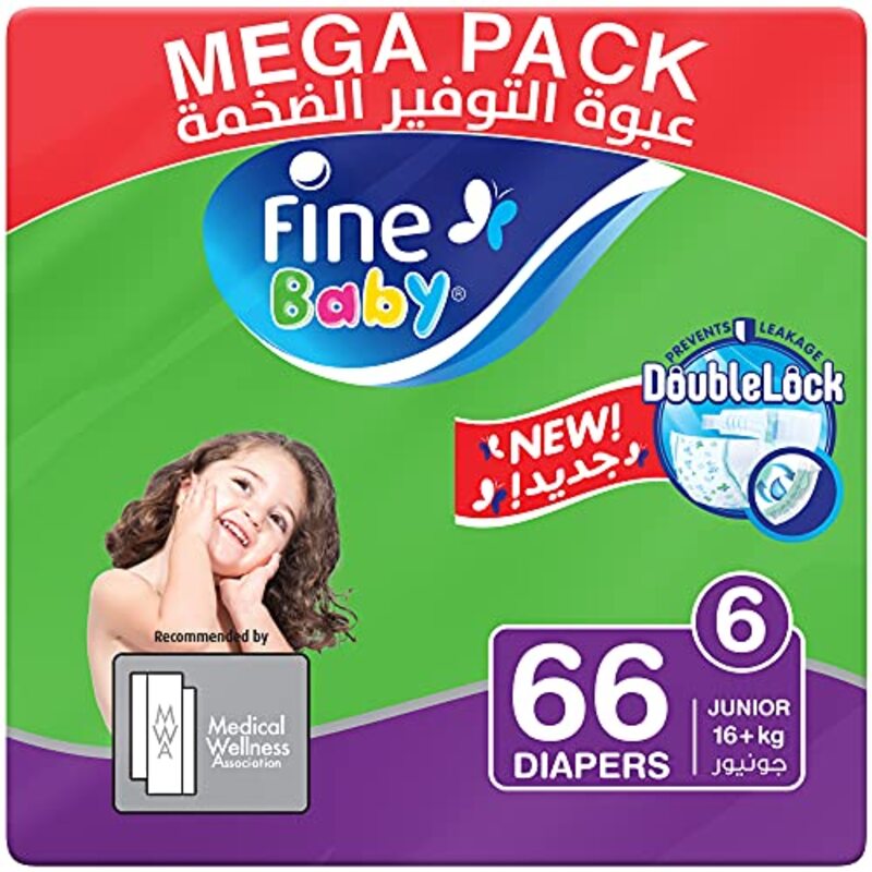 Fine Baby Double Lock Diapers, Size 6, Junior, 16+ Kg, 66 Count