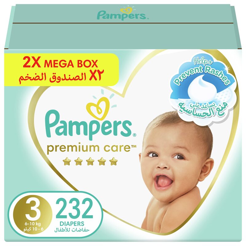 Pampers Premium Care Diapers, Size 3, 6-10 Kg, 232 Count