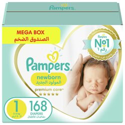 Pampers Premium Care Diapers, Size 1, 2-5 Kg, 168 Count