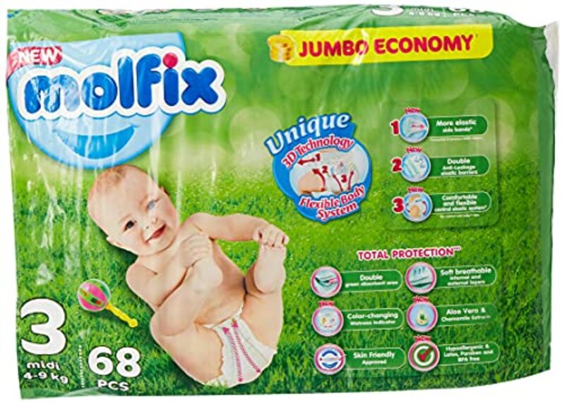 Molfix Anti Leakage Comfortable Baby Diapers, Size 3, 4-9 Kg, 68 Count