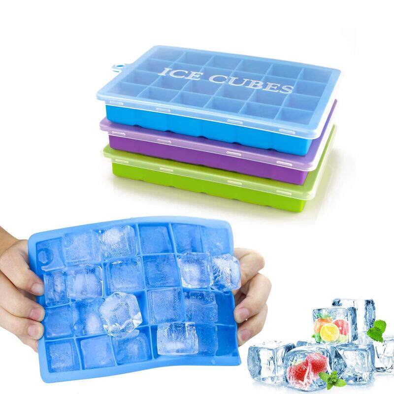 

Masroo 3-Piece Silicone Easy-Release Flexible Ice Cube Moulds with Removable Lid & 24 Cubes per Tray, Multicolour