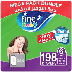 Fine Baby Double Lock Diapers, Size 6, Junior, 16+ Kg, 198 Count