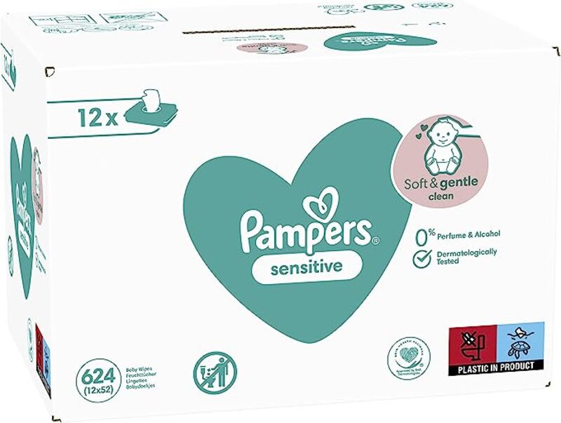 Pampers Sensitive Baby Feuchttucher, 624 Tucher (12 x 52) ohne Duft, fur eine sanfte und weiche Reinigung