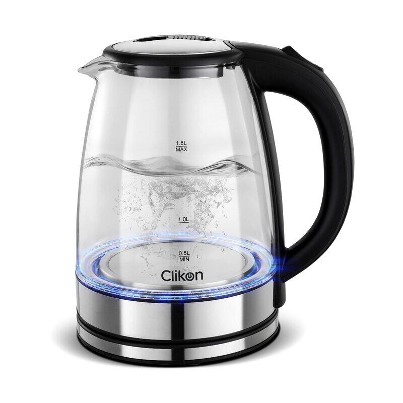 

Clikon 1.8L Glass Electric Cordless Kettle with 360° Swivel Base, Power Cord Storage, Auto Cut-off Function, LED Indicator, 1500W, CK5138, Clear