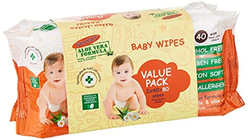 Palmers Baby Wipes, 2 x 40 Wipes, White