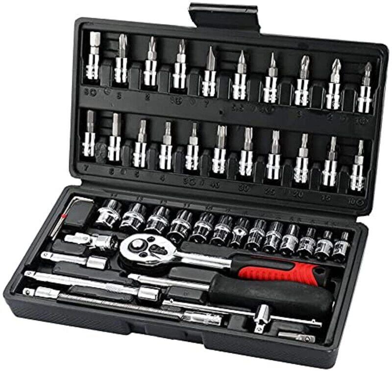 

Stanley 46-Piece Socket Ratchet Torque Wrench Extension Bar Drill Bits Automobiles Repair Tools Kit, Silver