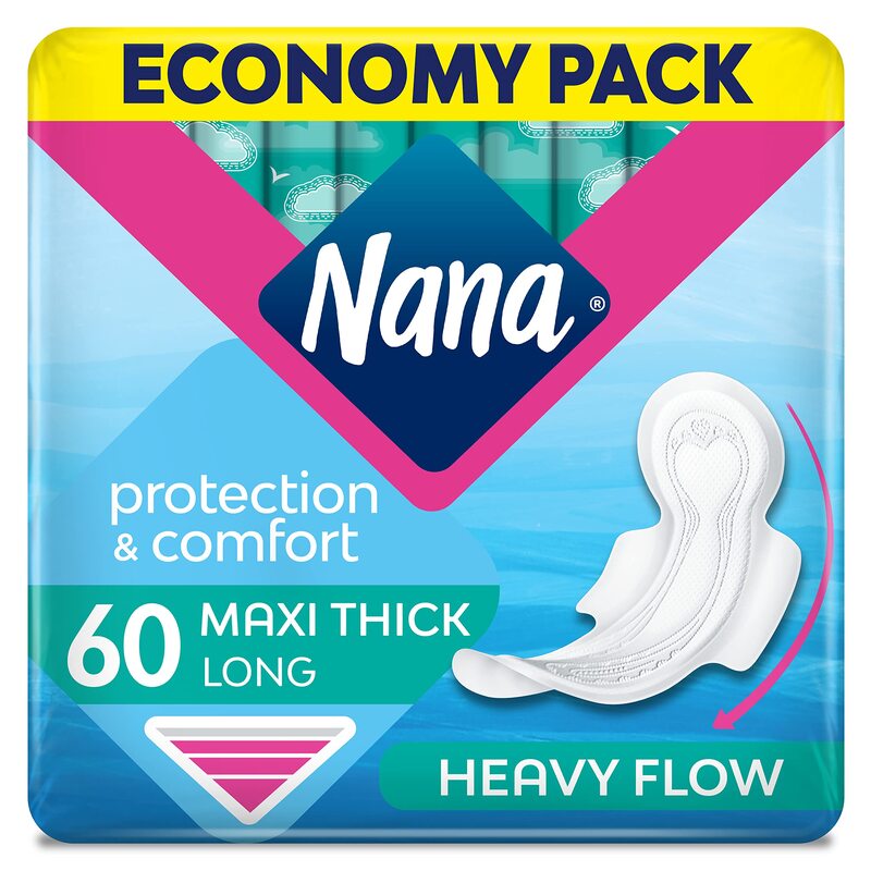 Nana Heavy Flow Protection & Comfort Maxi Thick Long Sanitary Pads, 60 Pads