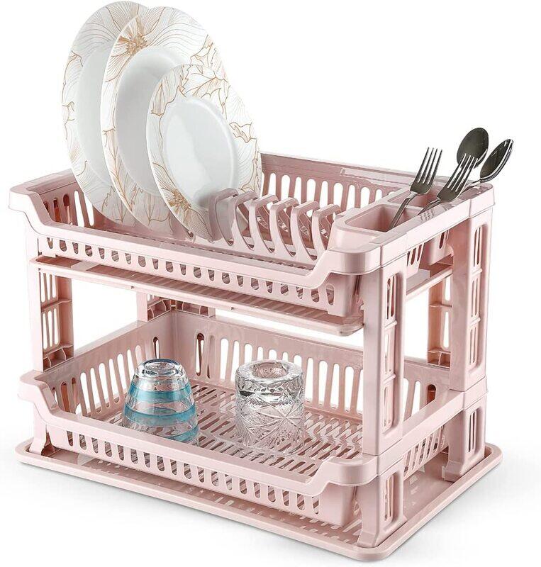 

Royalford 2 Layer Plastic Plate Stand with Tray, and Utensils Holder, Pink