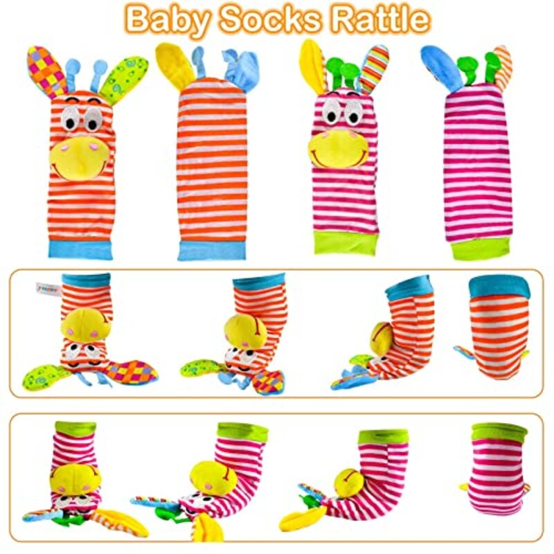 Pyebe 4-Piece Cute Animals Soft Baby Wrist and Foot Finder Socks Rattles