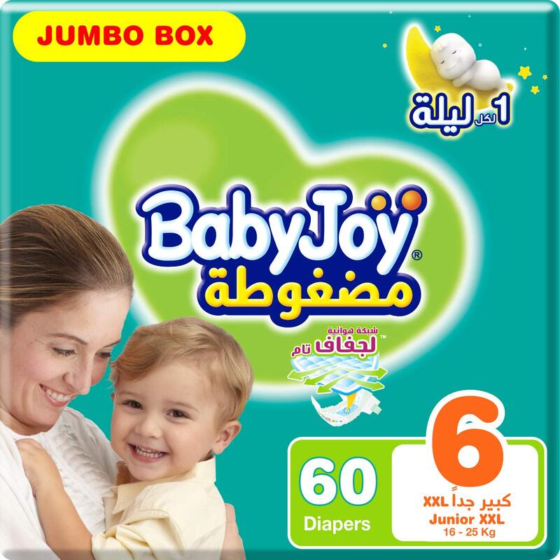 

Baby Joy Compressed Diamond Pad Diaper, XXL, Size 6, 16+ Kg, 60 Count