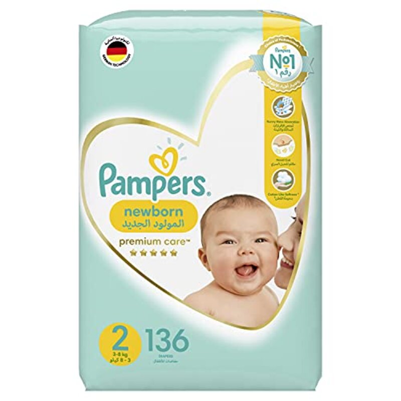 Pampers Premium Care Diapers, Size 2, 3-8 Kg, 136 Count