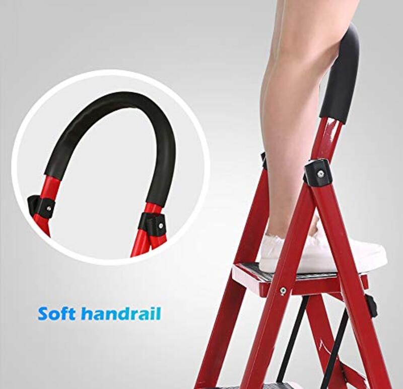 ZXL 3 Step Folding Step Stool/Ladder with Soft Handgrip, Wide Pedal & Anti-Slip Foot Pad, Red