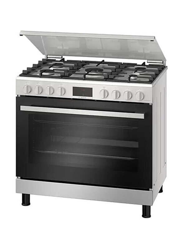 

Bosch 125L 5 Gas Burner Free Standing Stainless Steel Range Cooker, HGW3ASQ50M, Black/Silver