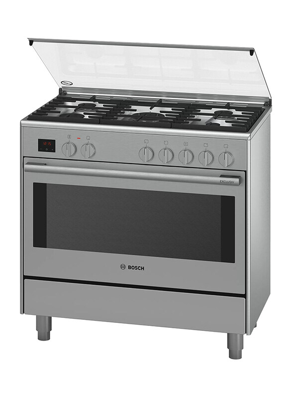 

Bosch 120L 5 Gas Burner Dual Fuel Free Standing Stainless Steel Range Cooker, HSB738357M, Black/Silver