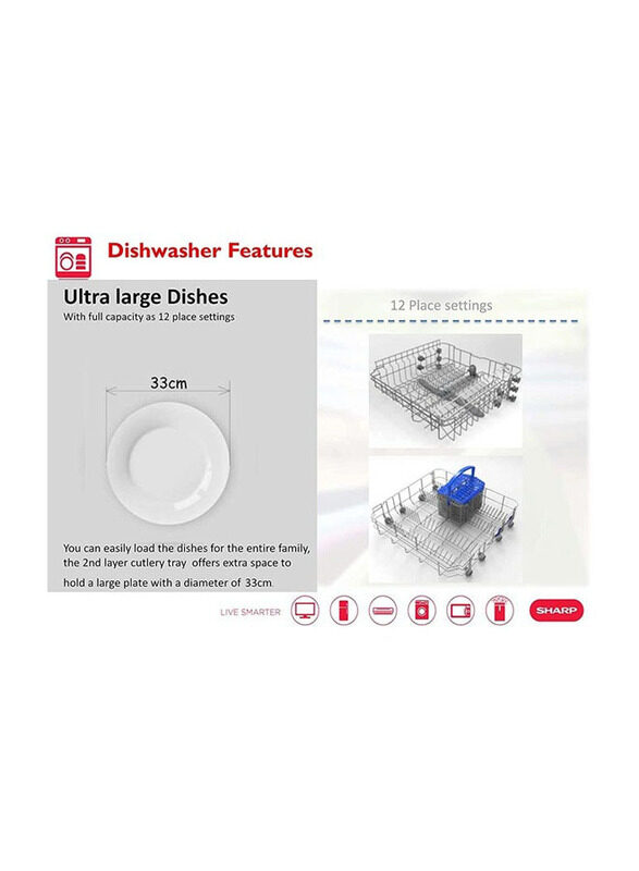 Sharp 12 Place Settings Dishwasher, QW-MB612-SS3, Silver